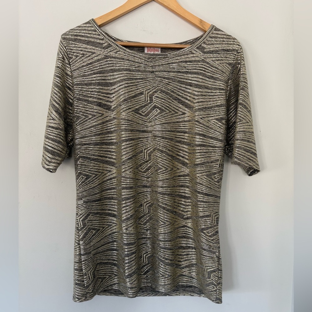 LULAROE GIGI Metallic Gold Tan SS Top Stretch Comfort Elegant #142161 Sz 2XL